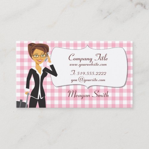 Cartoon Woman on Customizable Pink Gingham Card Business Cards