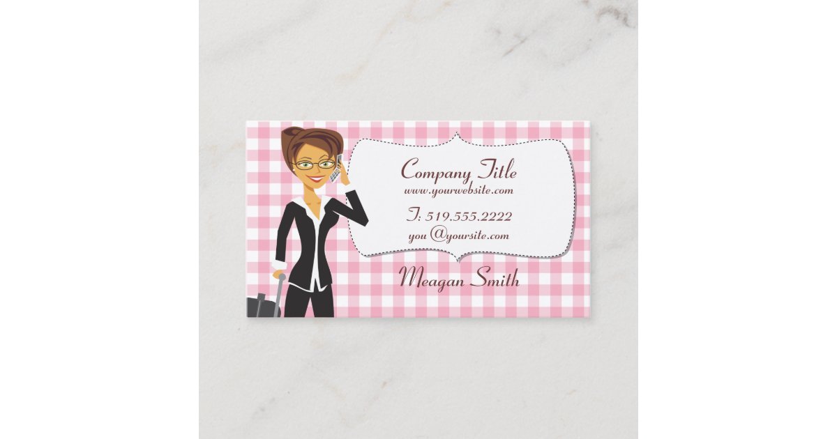 Cartoon Woman on Customizable Pink Gingham Card | Zazzle