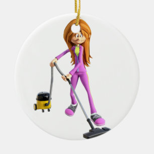 Cartoon Woman Using A Vacuum Ceramic Ornament