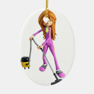 Cartoon Woman Using a Vacuum Ceramic Ornament