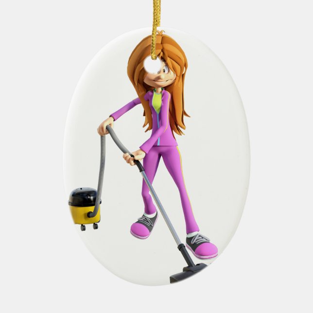 Cartoon Woman Using a Vacuum Ceramic Ornament (Front)
