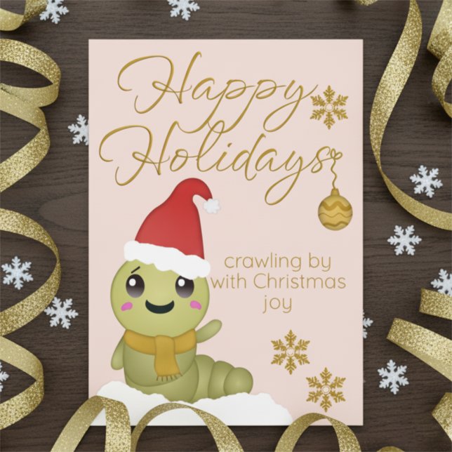 Cartoon Worm with Christmas Hat Christmas Card (Surprise your friends or family with something cute this Christmas.)
