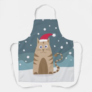 Cartoon xmas cat wearing santa hat  apron