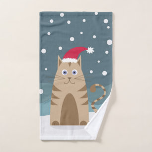 Cartoon xmas cat wearing santa hat in snow  hand towel 