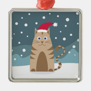Cartoon xmas cat wearing santa hat in snow metal ornament