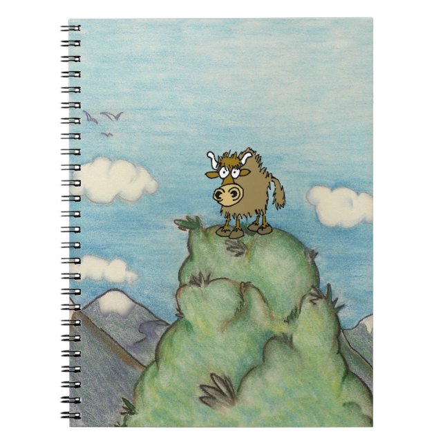 Cartoon yak drawing on mountain top notebook (Front)