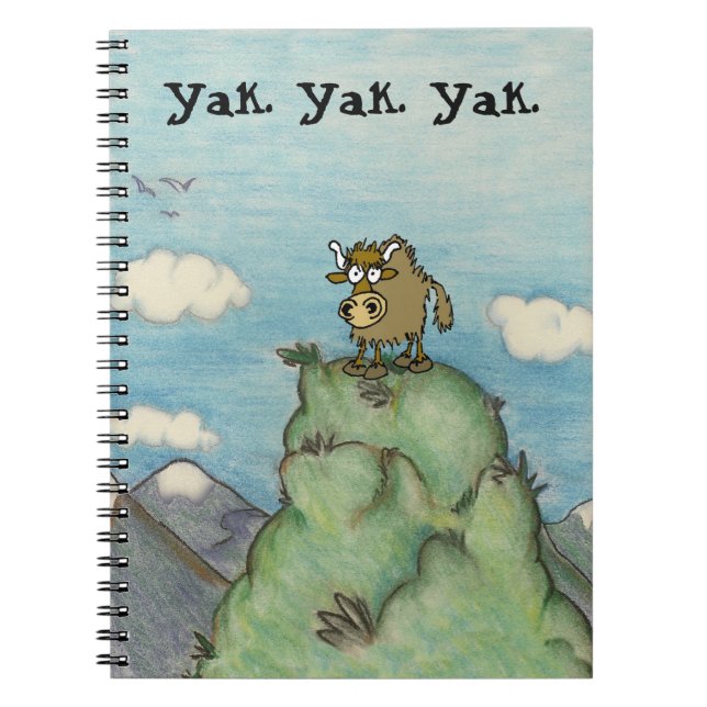 Cartoon yak drawing on mountain top yak.yak.yak. notebook (Front)