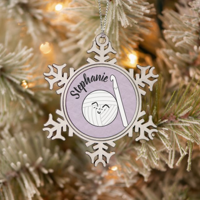 Cartoon Yarn Ball & Crochet Hook + Name Snowflake Pewter Christmas Ornament (Tree)