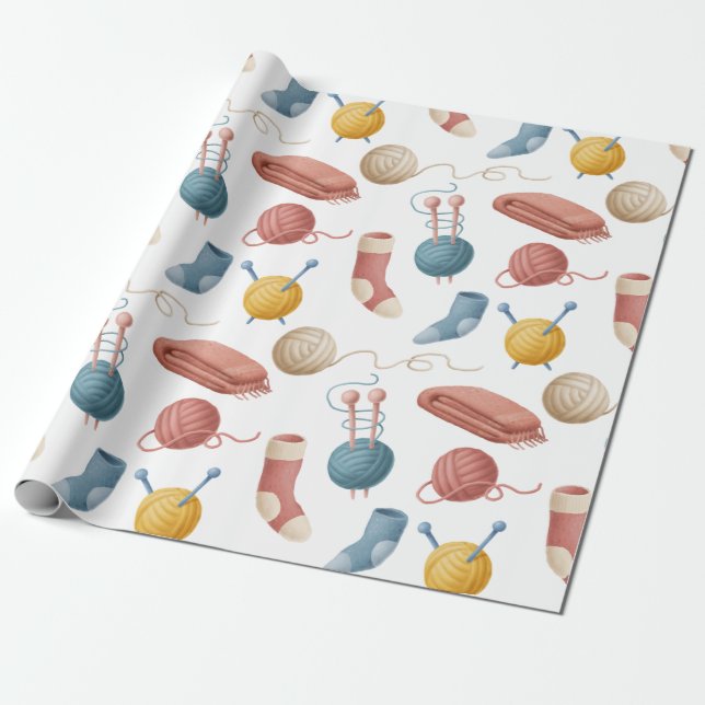 Cartoon Yarn, Blankets, and Socks Wrapping Paper (Unrolled)