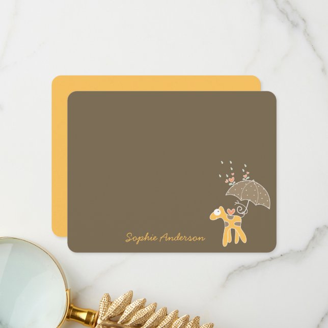 Cartoon Yellow Giraffe With Umbrella Baby Shower Thank You Card (Front/Back In Situ)
