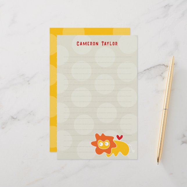 Cartoon Yellow Lion Kids Children Dots Thank You Stationery (Front/Back In Situ)