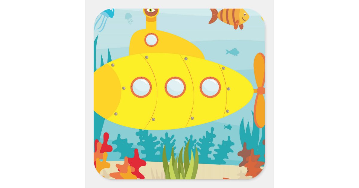 Cartoon Yellow Submarine Square Sticker | Zazzle