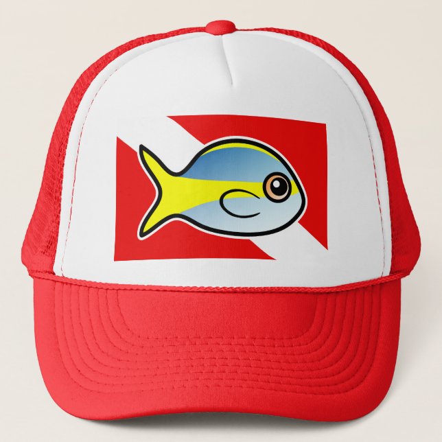 Cartoon Yellowtail Snapper Dive Flag Trucker Hat (Front)