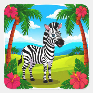 Cartoon Zebra Fun Jungle Kids Gift, Exotic Square Sticker