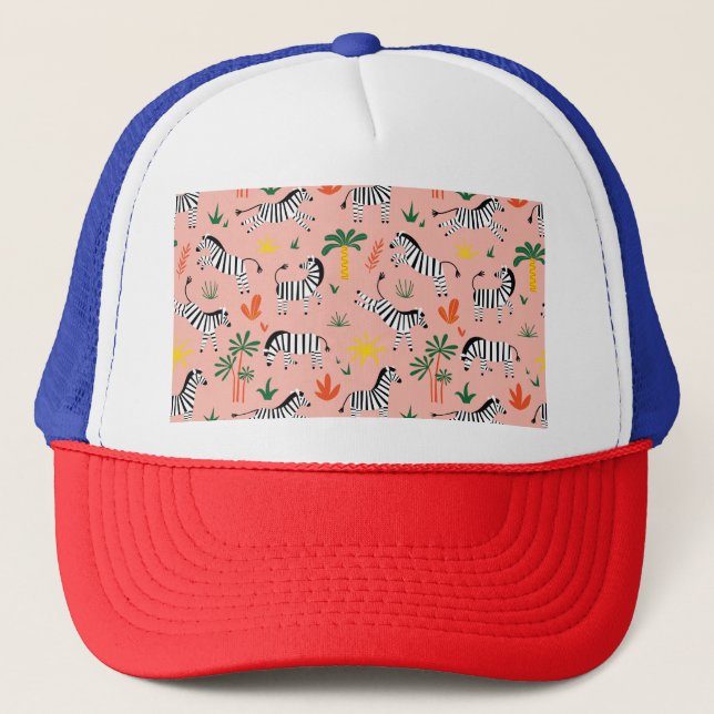 Cartoon Zebras Funny Seamless Pattern Trucker Hat (Front)