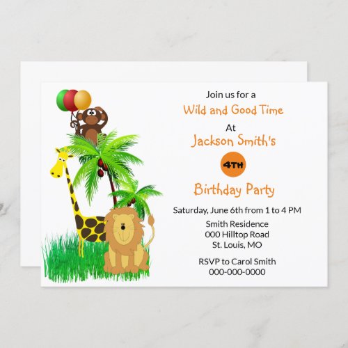 Cartoon Zoo Animals 4th Birthday Party  Invitation