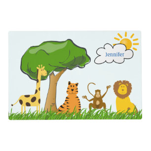 Cartoon Zoo Safari Jungle Animals Custom Kids Name Placemat