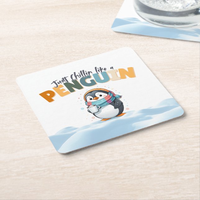 Cartoonish Style Funny Just Chillin like a Penguin Square Paper Coaster (Angled)