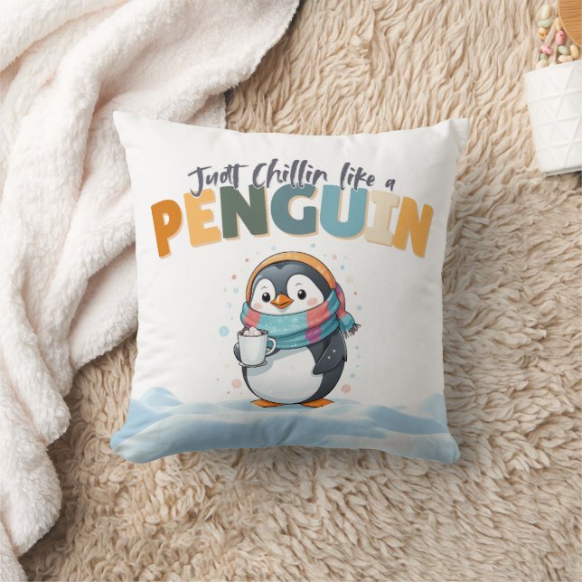 Cartoonish Style Just Chillin like a Penguin Throw Pillow (Blanket)