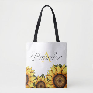 Cartoonish Yellow Custom Monogram Name Sunflower Tote Bag