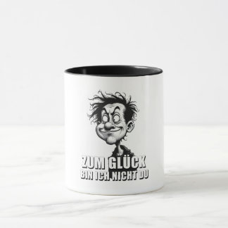 Cartoonkunst mit „Zum Glück…“-Zitat Mug