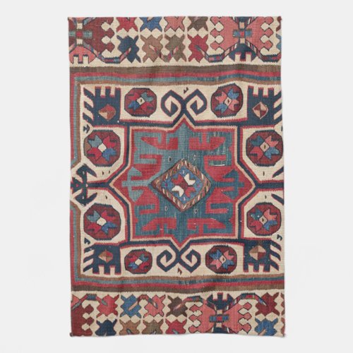 Cartouche Star  19th Century Colorful Red Blue Kitchen Towel