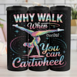 Cartwheel Joy: Gymnastics, Rainbow, Energy Thermal Tumbler<br><div class="desc">This dynamic graphic features a gymnast in a stunning handstand split,  her form vibrant with pastel rainbow colors. The playful text "WHY WALK When You can Cartwheel" frames the energetic figure,  surrounded by stars and whimsical swirls. It's a colorful celebration of movement,  skill,  and pure joy.</div>