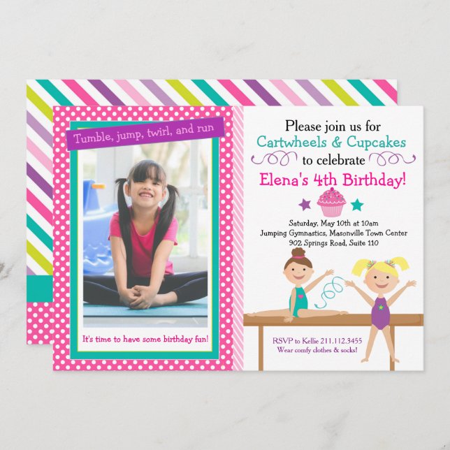 Cartwheels and Cupcakes Gymnastics Birthday Invitation (Front/Back)