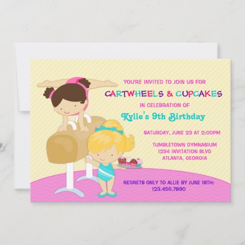 Cartwheels and Cupcakes Gymnastics Birthday Party Invitation