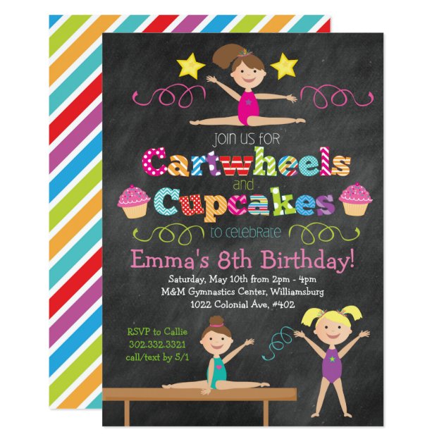 Cartwheels & Cupcakes Chalkboard Gymnastics Party Invitation