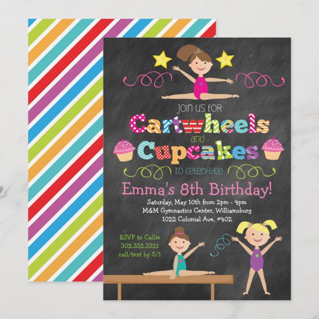 Cartwheels & Cupcakes Chalkboard Gymnastics Party Invitation (Front/Back)