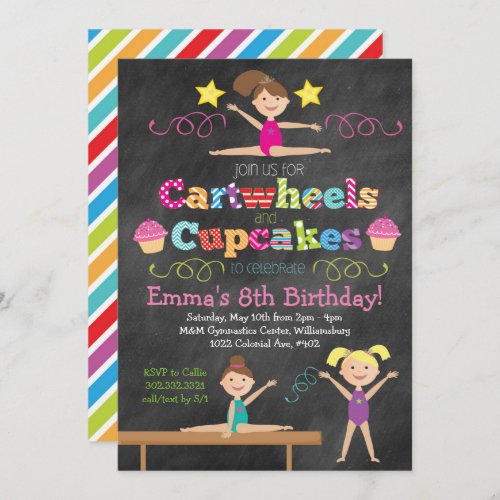 Cartwheels  Cupcakes Chalkboard Gymnastics Party Invitation