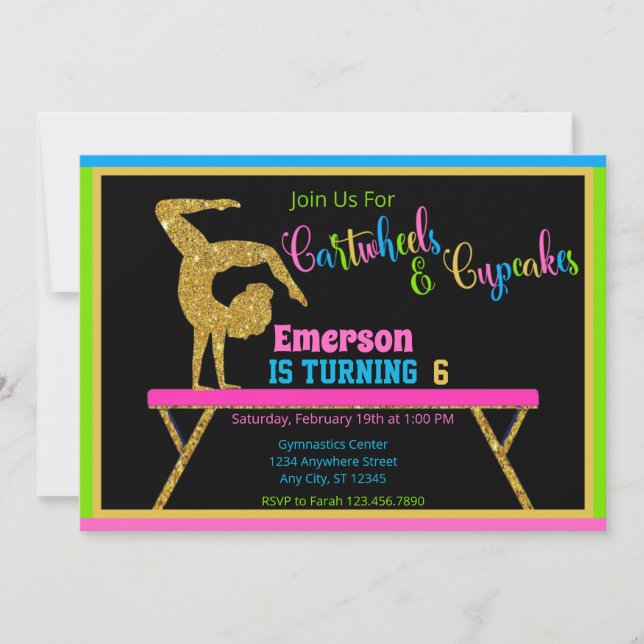 Cartwheels & Cupcakes Gymnastics Birthday Party  Invitation (Front)