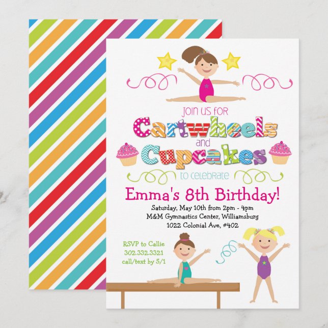 Cartwheels & Cupcakes Gymnastics Birthday Party Invitation (Front/Back)