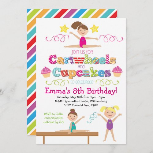 Cartwheels  Cupcakes Gymnastics Birthday Party Invitation