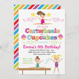 Cartwheels & Cupcakes Gymnastics Birthday Party Invitation