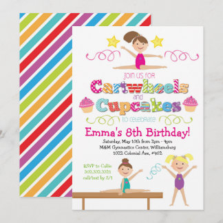 Cartwheels & Cupcakes Gymnastics Birthday Party Invitation