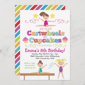 Cartwheels & Cupcakes Gymnastics Birthday Party Invitation by modernmaryella at Zazzle
