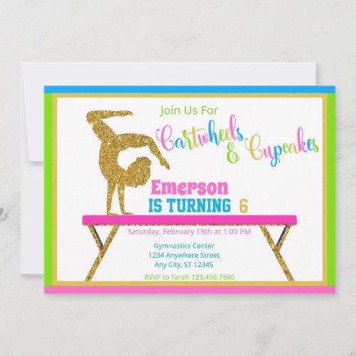 Cartwheels  Cupcakes Gymnastics Birthday Party Invitation