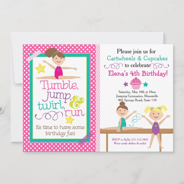 Cartwheels & Cupcakes Gymnastics Party Invitation (Front)