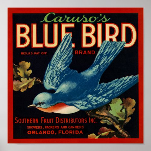 Carusos Blue Bird Fruit packing label Poster