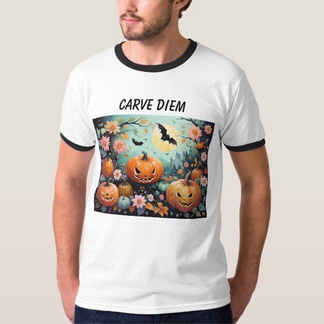 Carve Diem Funny Halloween Pumpkins T-Shirt (Front)