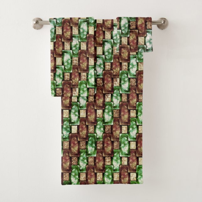 Carved and spotted brown green rectangular pieces bath towel set (Insitu)