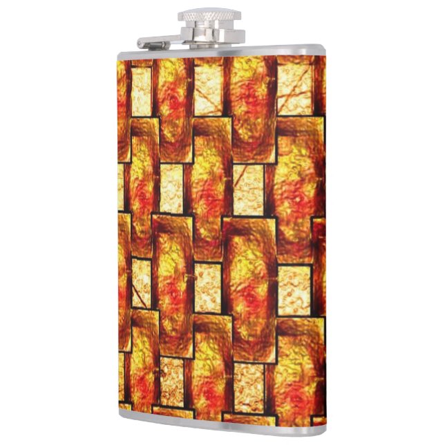 Carved and stained brown orange rectangular plates flask (Left)