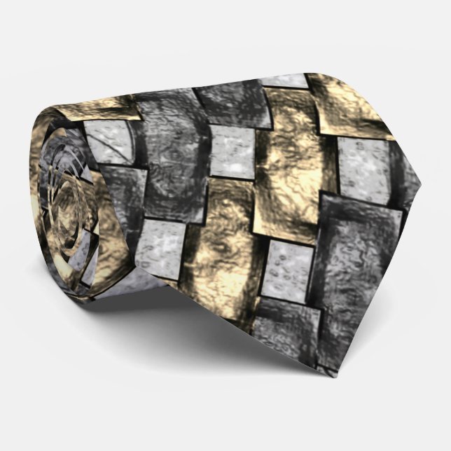 Carved and stained gray golden rectangular pieces neck tie (Rolled)