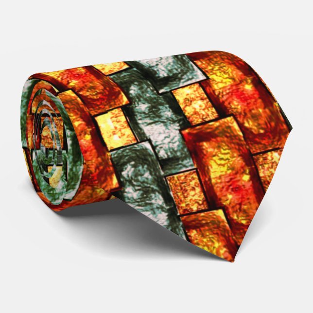 Carved and stained green red rectangular plaques neck tie (Rolled)