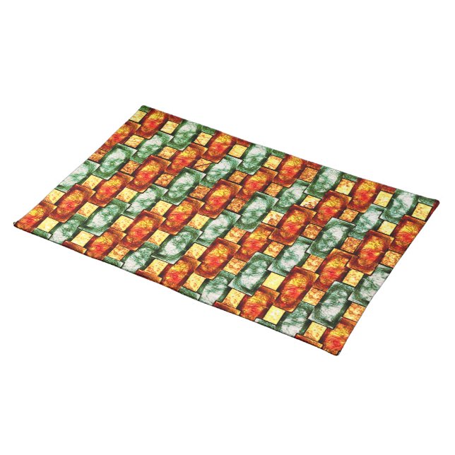 Carved and stained green red rectangular plates cloth placemat (On Table)