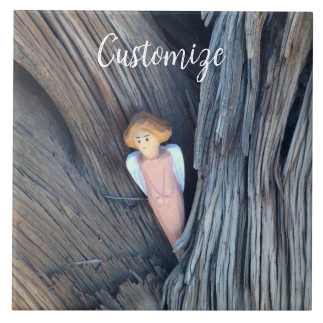 Carved angel in tree Thunder Cove Ceramic Tile (Front)