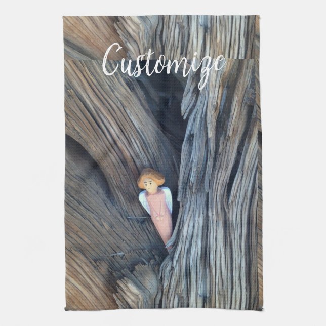 Carved angel in tree Thunder Cove Kitchen Towel (Vertical)