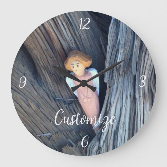 Carved angel in tree Thunder Cove Large Clock (Front)
